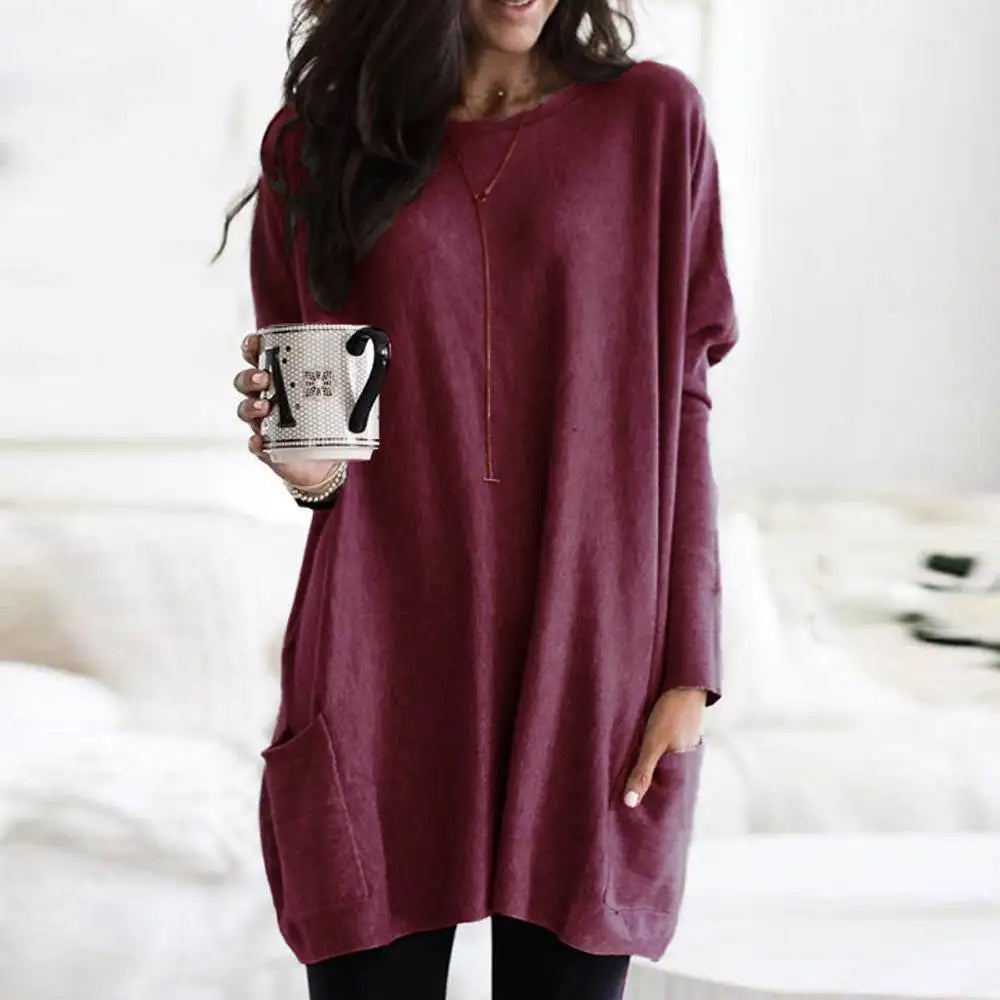 Women's oversized crew neck sweater cozy cotton blend knitwear with front pockets relaxed fit