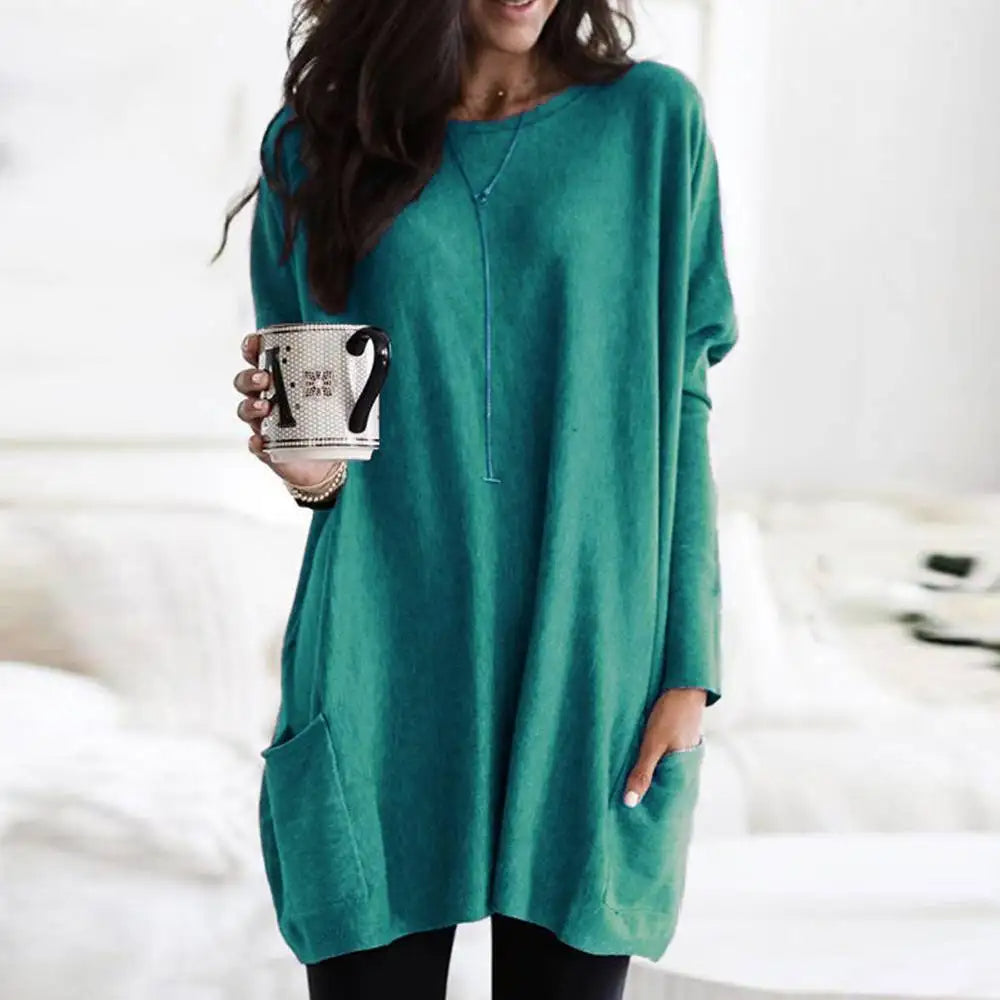 Women's oversized crew neck sweater soft cotton blend knitwear with front pockets cozy casual fit