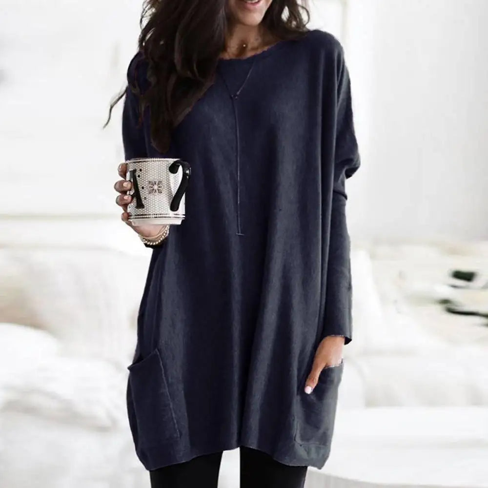 Women's oversized crew neck sweater cozy cotton blend knitwear with front pockets relaxed fit