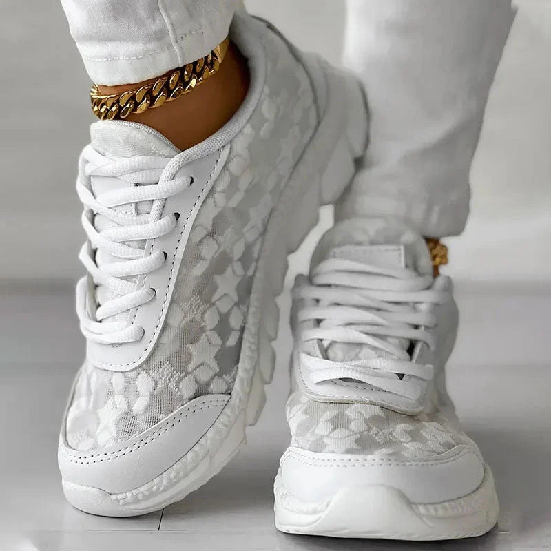 Women's white mesh sneakers ergonomic fit breathable upper cushioned sole everyday comfort active wear
