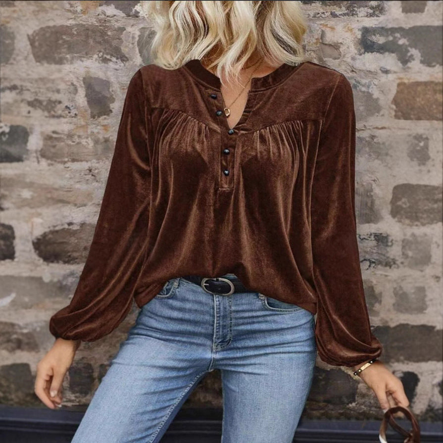 Women's loose-fit velvet blouse with subtle sheen, elegant style for office and special occasions