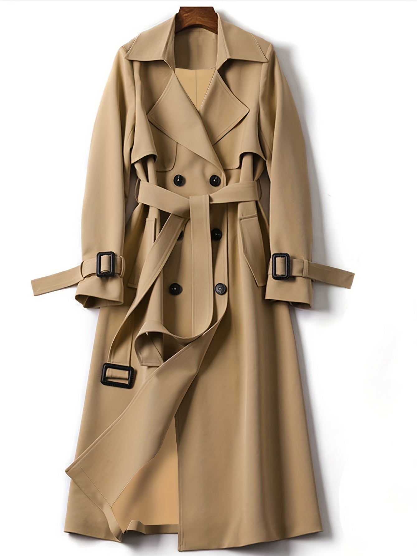 Women's elegant longline trench coat double-breasted closure professional office style neutral tone