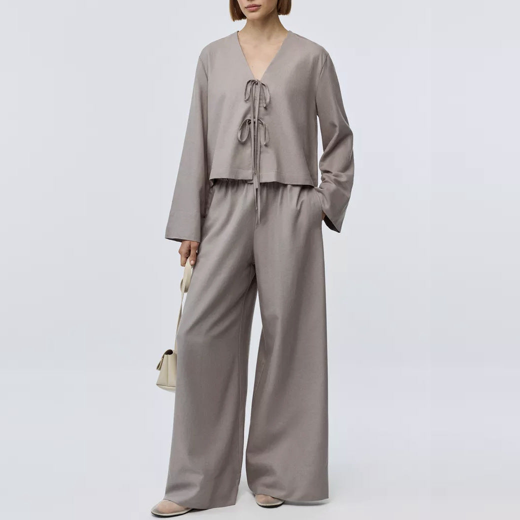 Women's wide leg pants set with tie top, minimalist two-piece office outfit in neutral tones