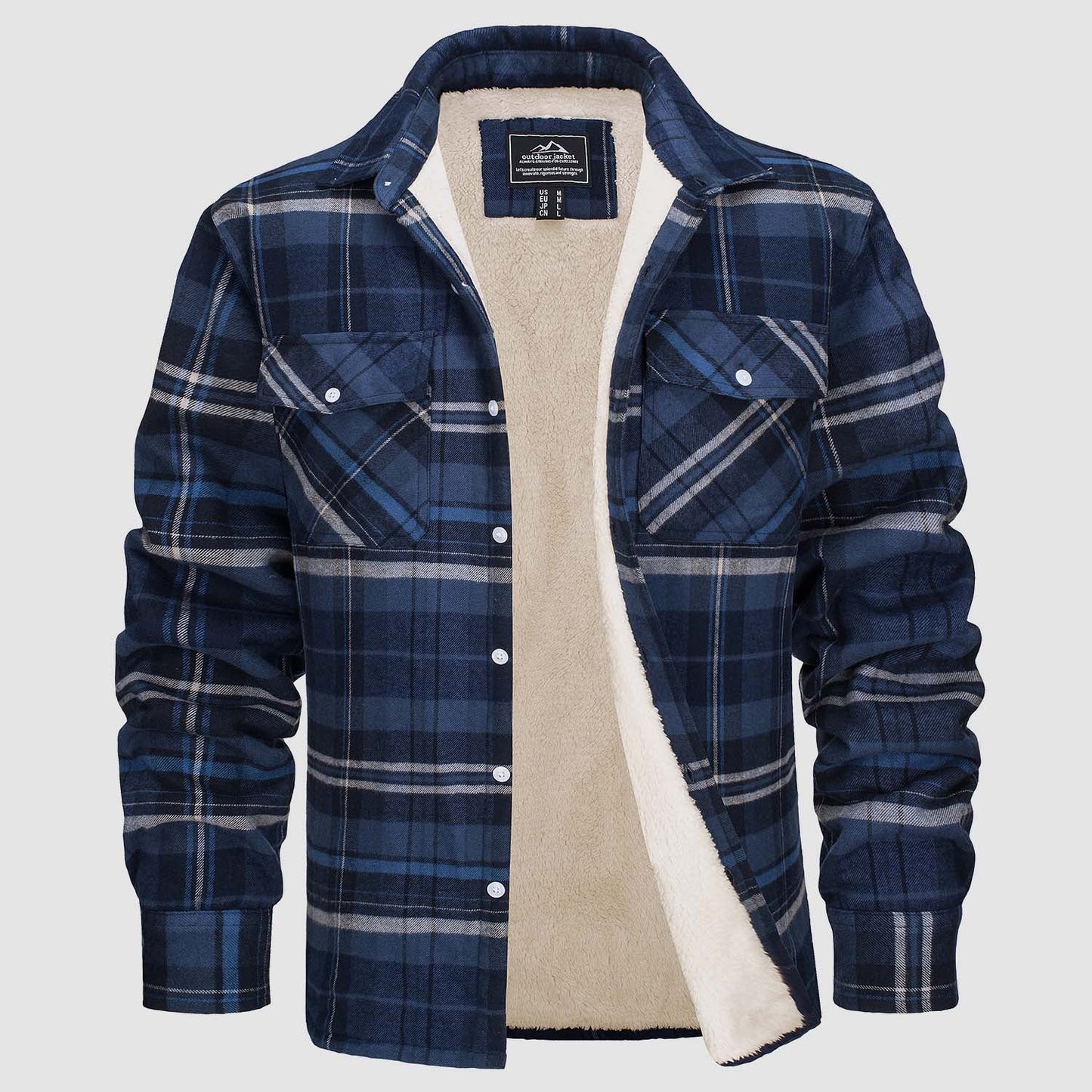 Men's flannel shirt jacket fleece-lined windproof cotton with two side pockets warm layer