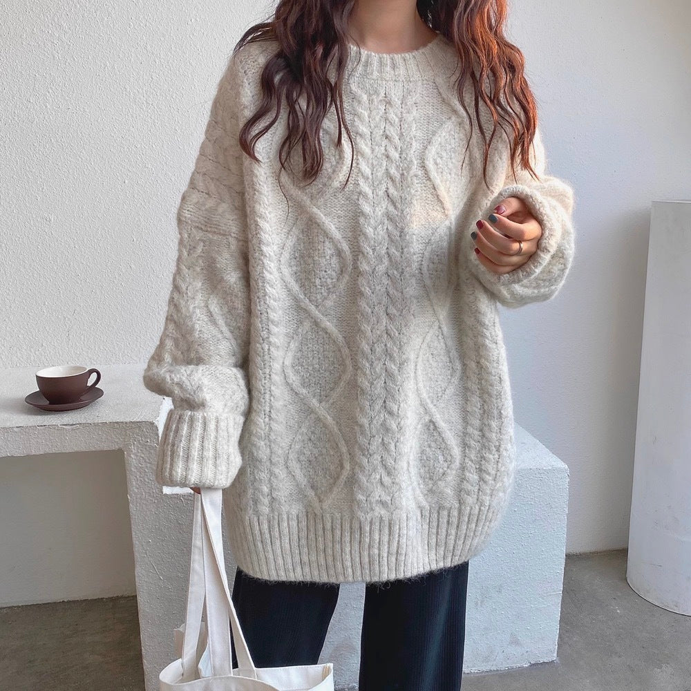 Women's relaxed midi mohair sweater, cotton-alpaca blend, cozy twisted knit, anti-pilling elegant pullover