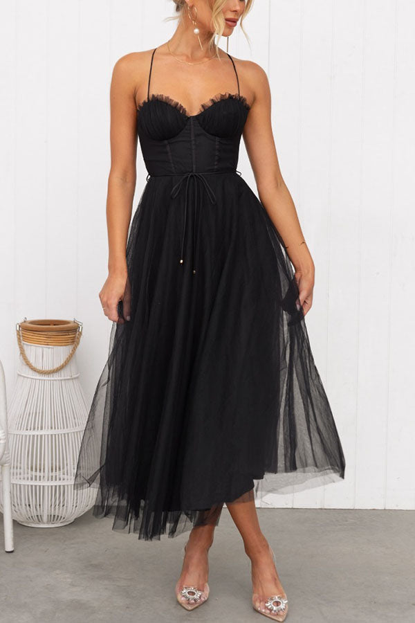 Blush pink tulle midi dress A-line silhouette with layered overlay for spring weddings
