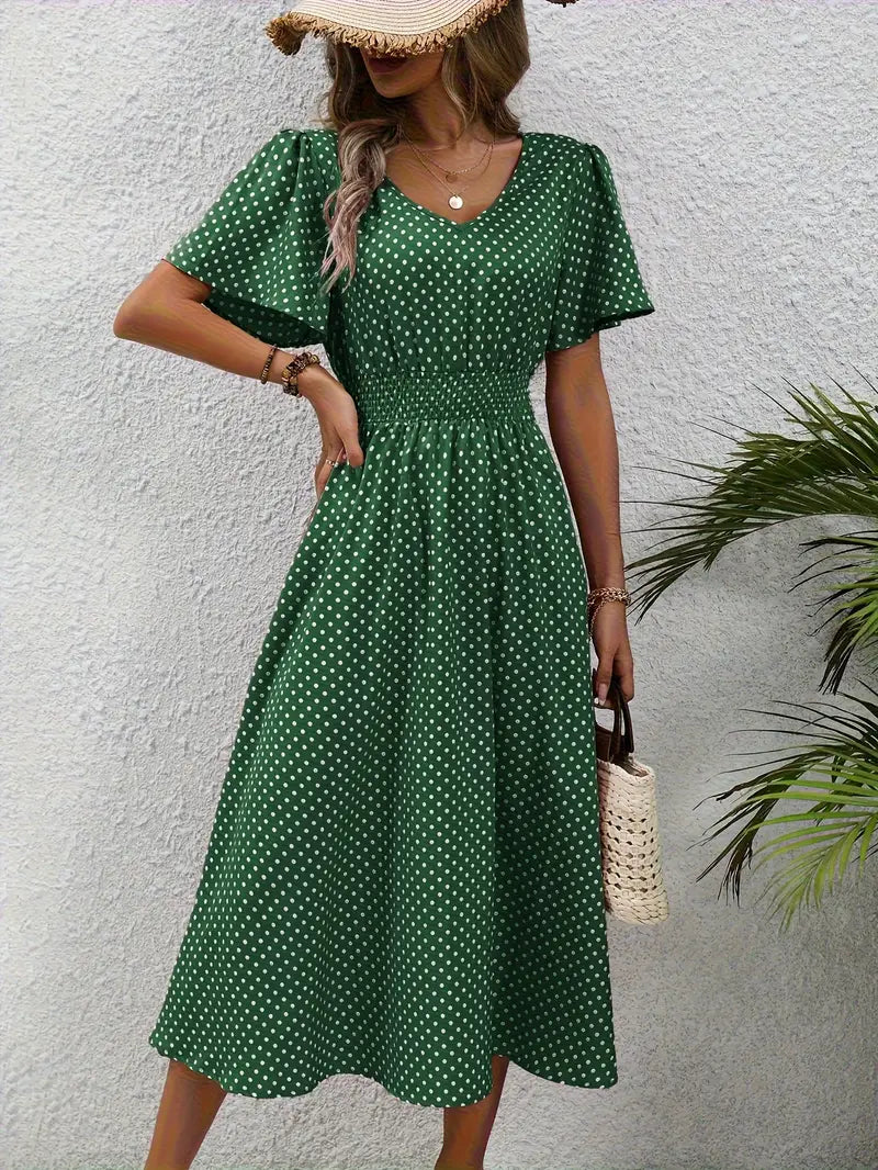 Women's short sleeve all-over print dress with ruched waist, lightweight elegant spring style