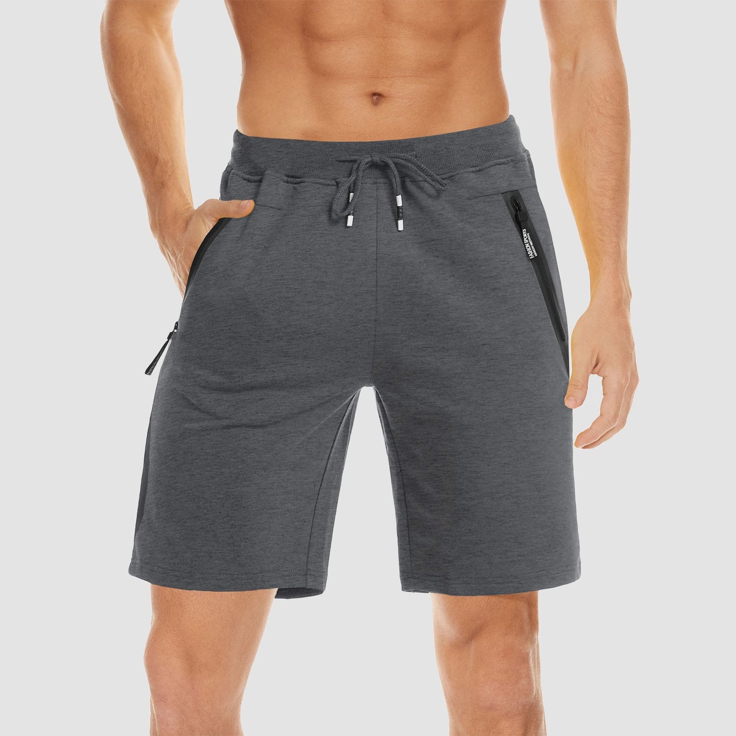 Men's gray cotton jogger shorts elastic waist zipper pockets moisture-wicking quick-dry performance fit