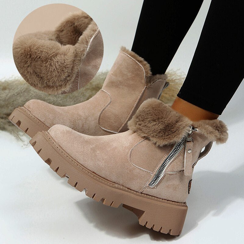 Women's faux fur lined ankle boots with side zipper closure, warm winter style, modern silhouette