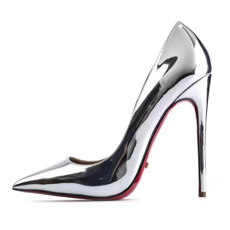 Black patent-leather stiletto heels for women, 12 cm elegant slim heel, soft sole comfort