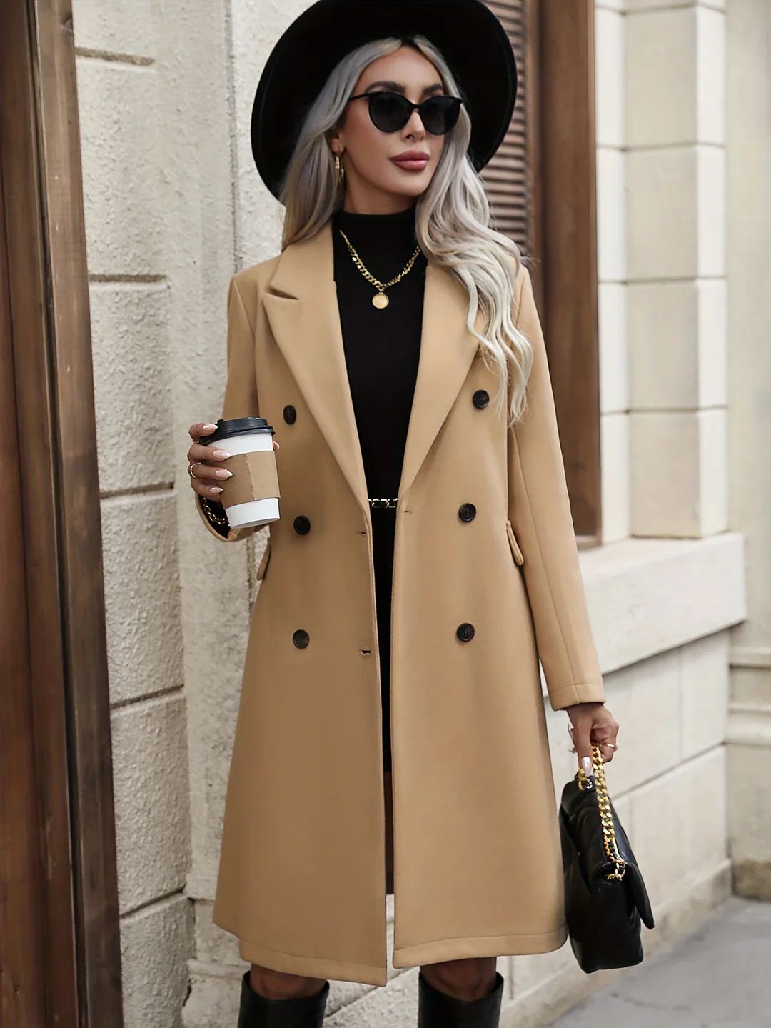 Women long coat straight-cut crossover design slim profile urban office style timeless elegant