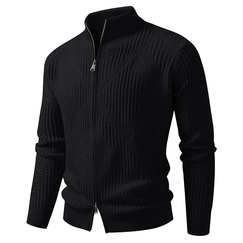 Men's textured full-zip cardigan with ribbed cuffs, modern knit pattern for versatile smart-casual layering