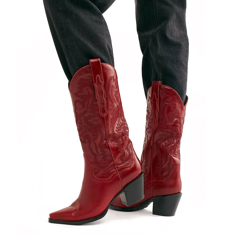 Women's vintage Western boots pointed toe thick heel rivets embroidered solid color artificial leather