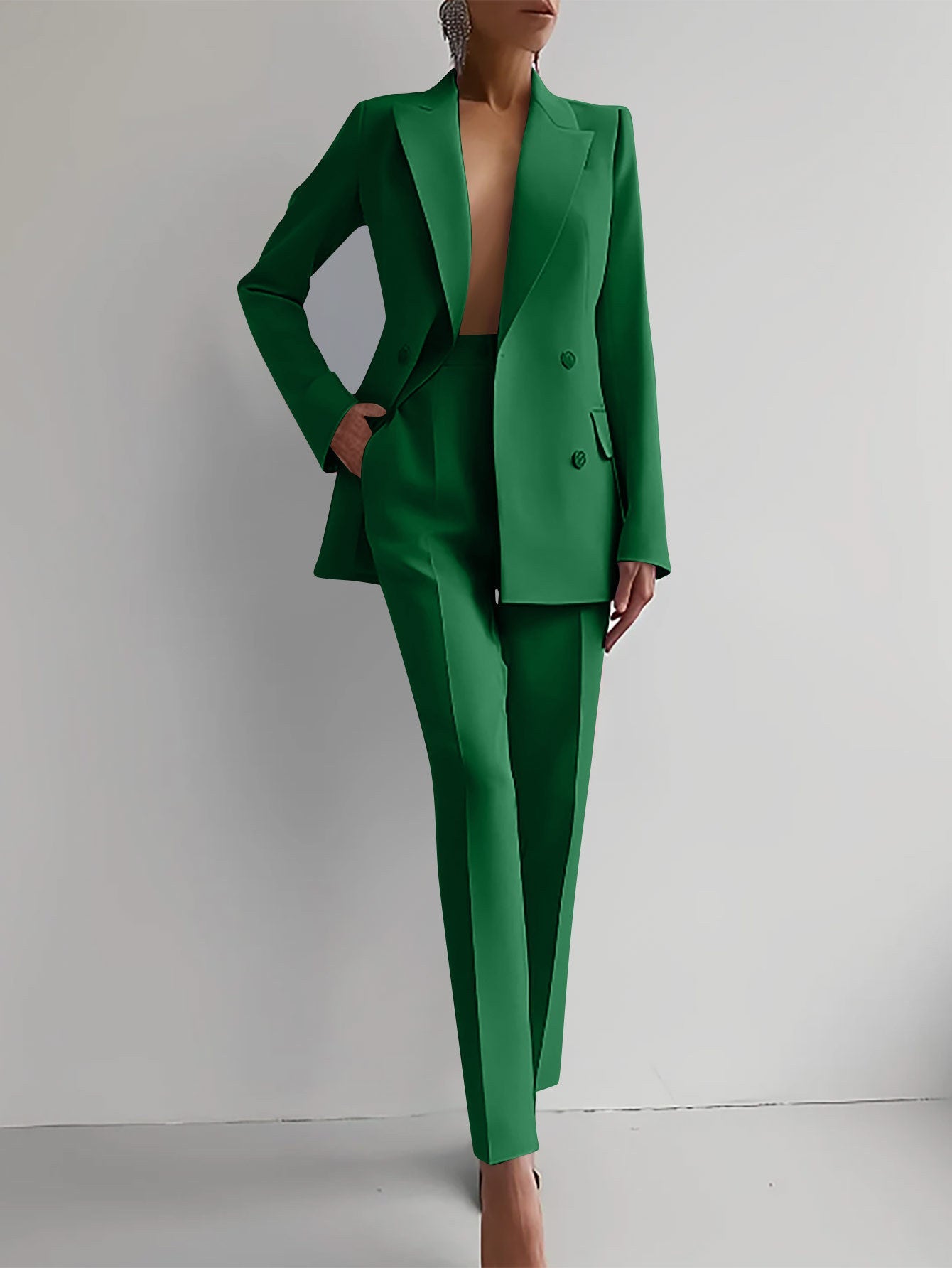 Women's casual solid-color blazer and high-waist pants set, single-breasted tailored work outfit