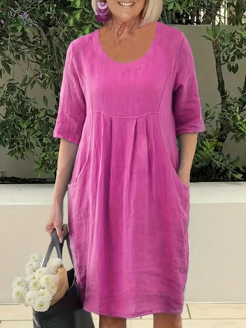 Women's Sophia solid casual dress with half sleeves and pockets, comfortable everyday relaxed fit