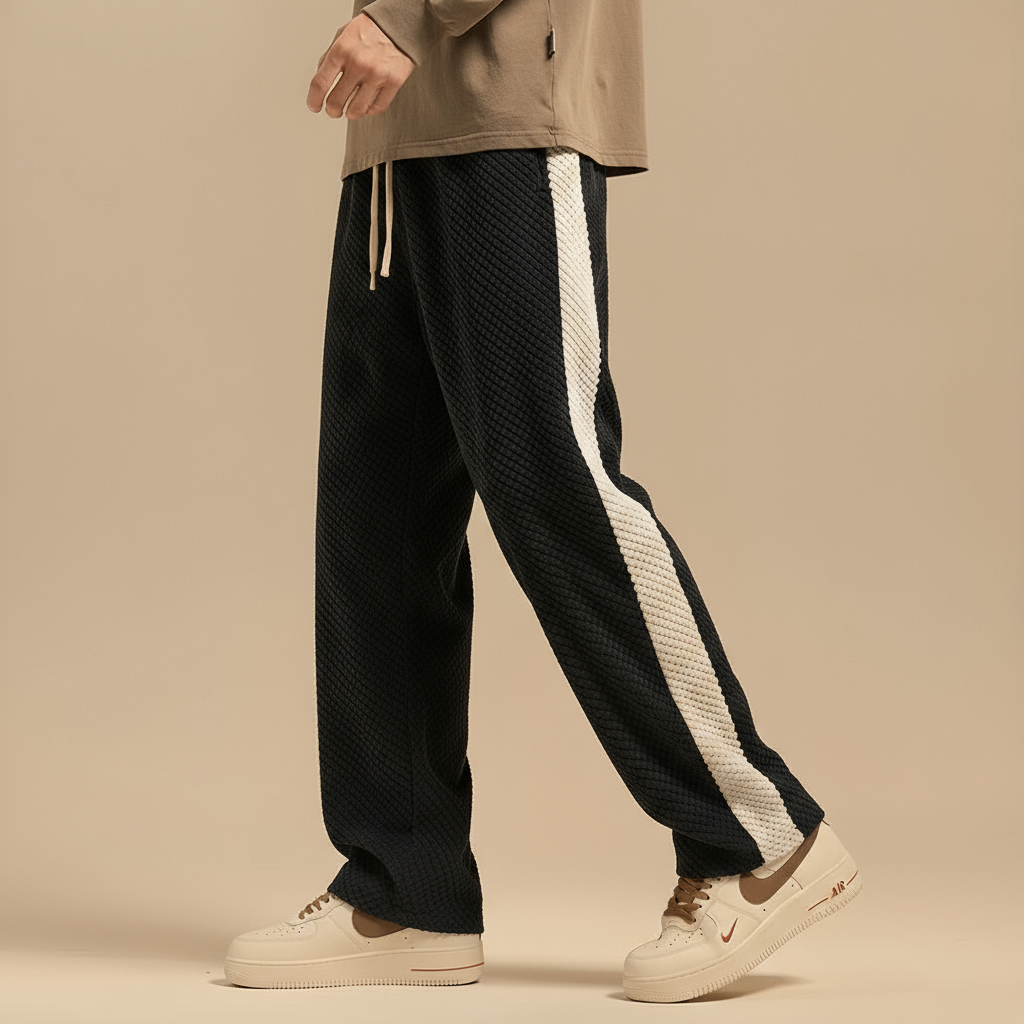 Men's gray relaxed fit sweatpants with drawstring waist and contrast side stripe