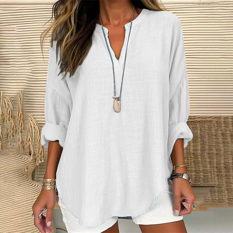 Women's loose fit solid color V-neck long sleeve cotton blend casual blouse for spring