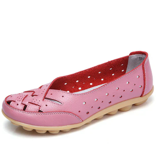 Women's black genuine leather ballet flats with cushioned sole, classic everyday slip-on style
