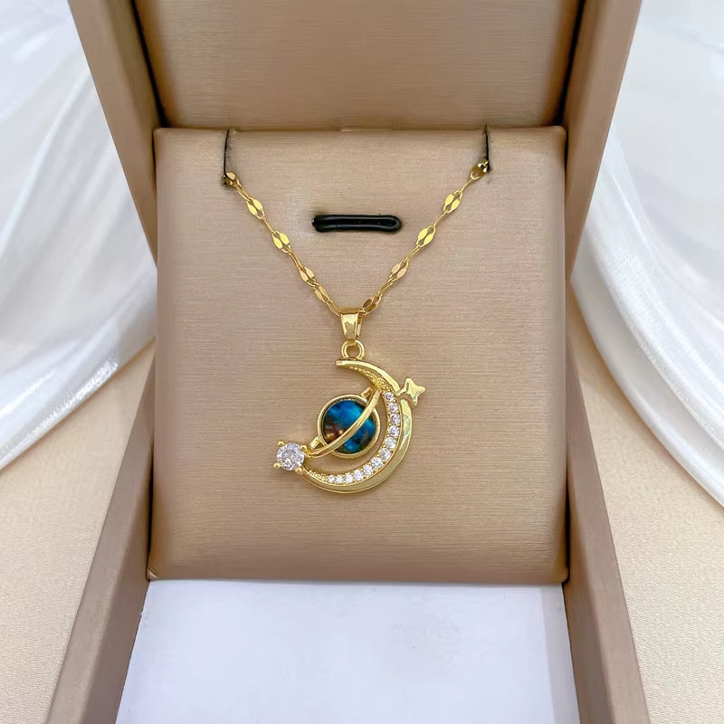 Celeste pendant necklace blue sunburst centerpiece celestial clavicle-length chain subtle luxury