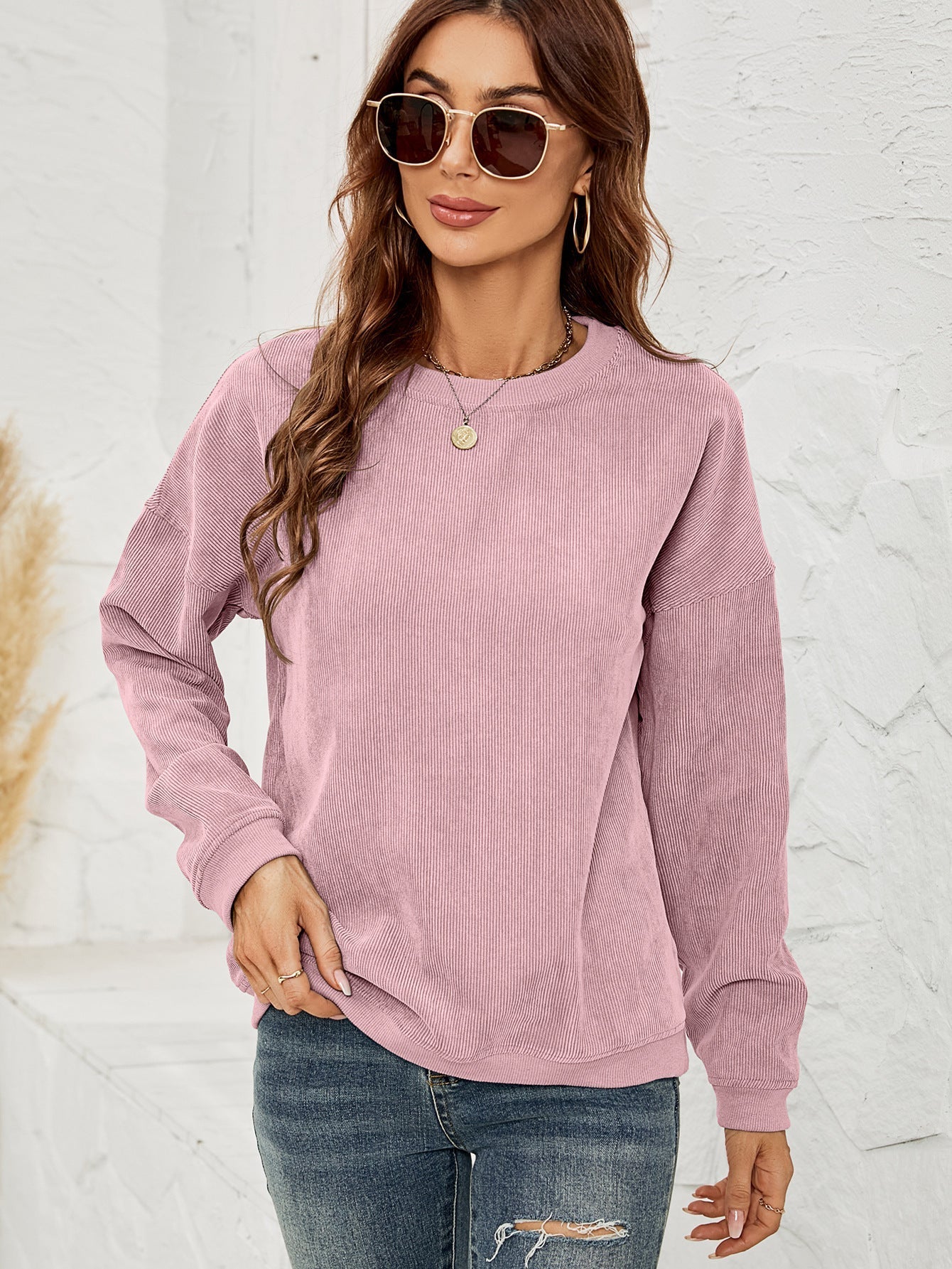 Women's solid corduroy pullover sweatshirt cozy relaxed fit versatile everyday casual layer