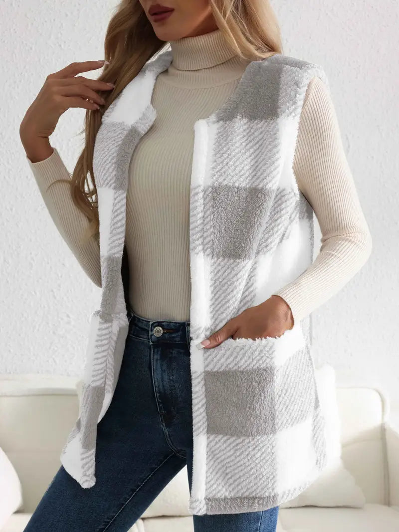 Unisex buffalo plaid sherpa fleece vest with deep pockets in classic black and white check