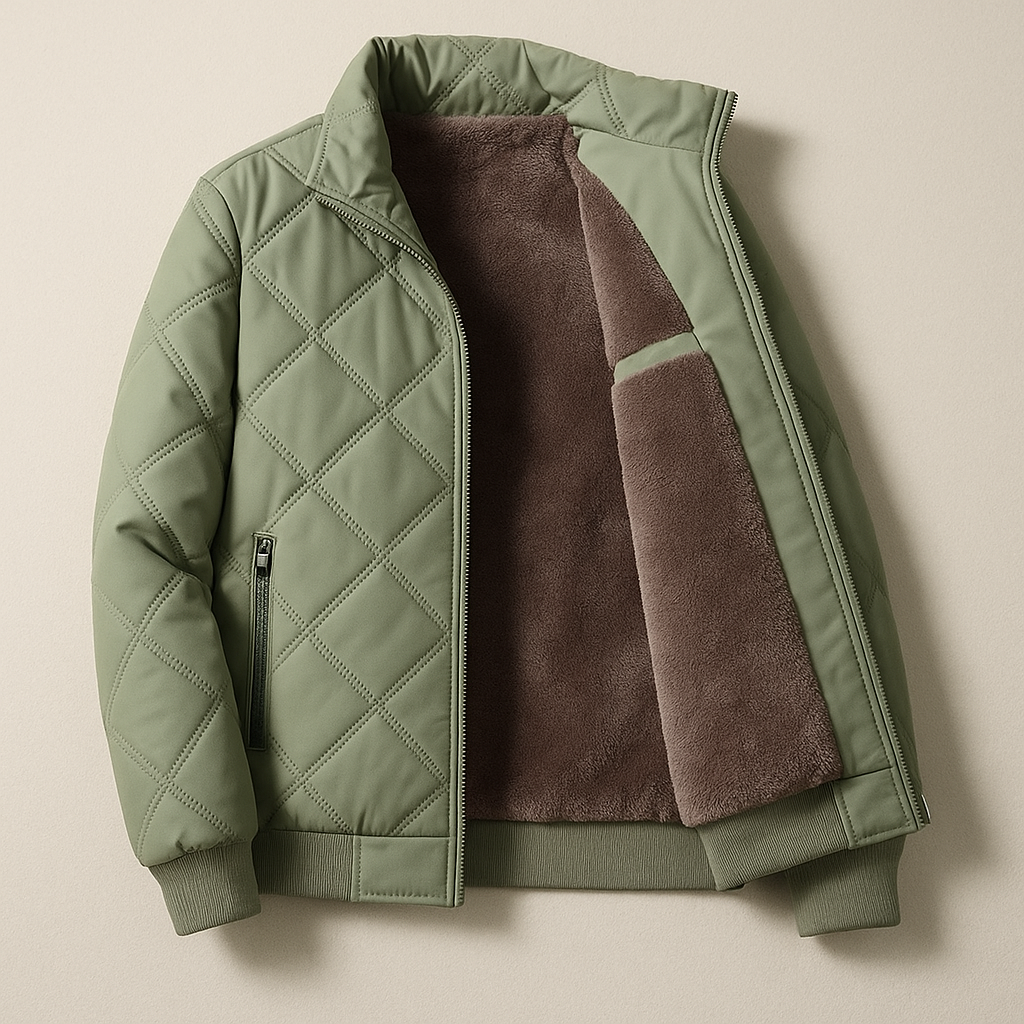 Men's quilted fleece jacket stand-up collar full-zip regular fit with ribbed cuffs