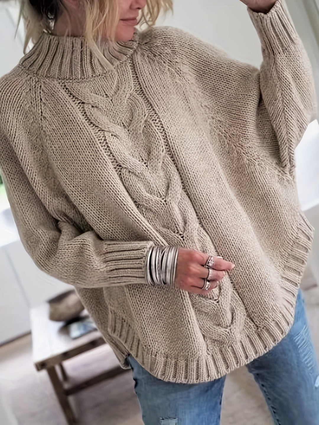 Mila women's cream knitted sweater classic crew neckline premium cotton-polyester cozy knitwear