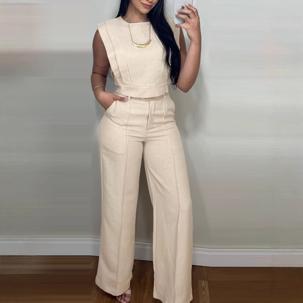 Women's sleeveless two-piece suit set straight pants breathable cotton casual chic summer outfit