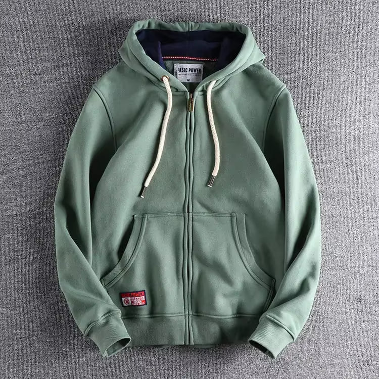 Heavyweight zip hoodie in fade-resistant color, cotton-polyester blend with reinforced stitching for active wear