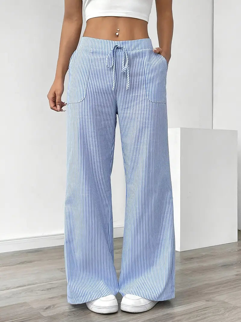 Women's wide-leg striped trousers relaxed fit elasticated drawstring waist casual travel style
