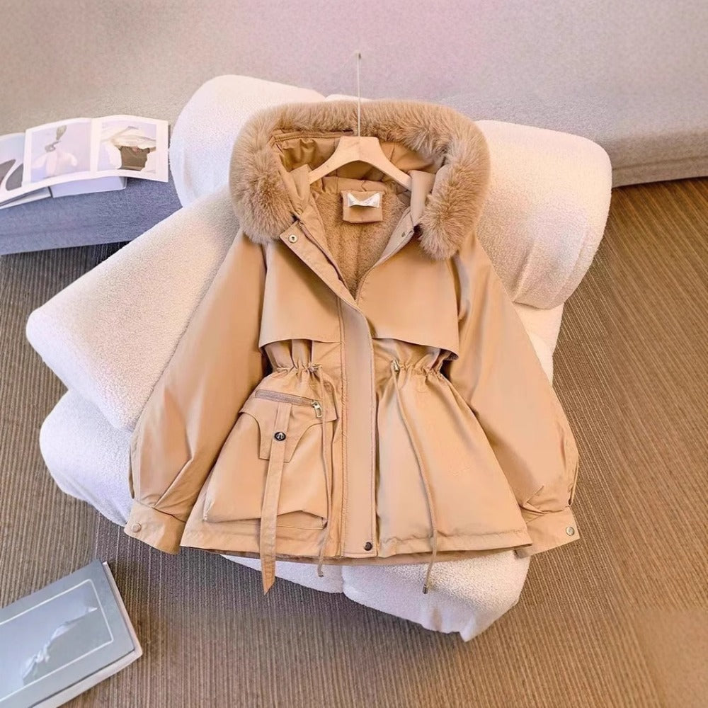 Women's cozy faux fur winter coat with removable hood, sleek silhouette for all-day warmth