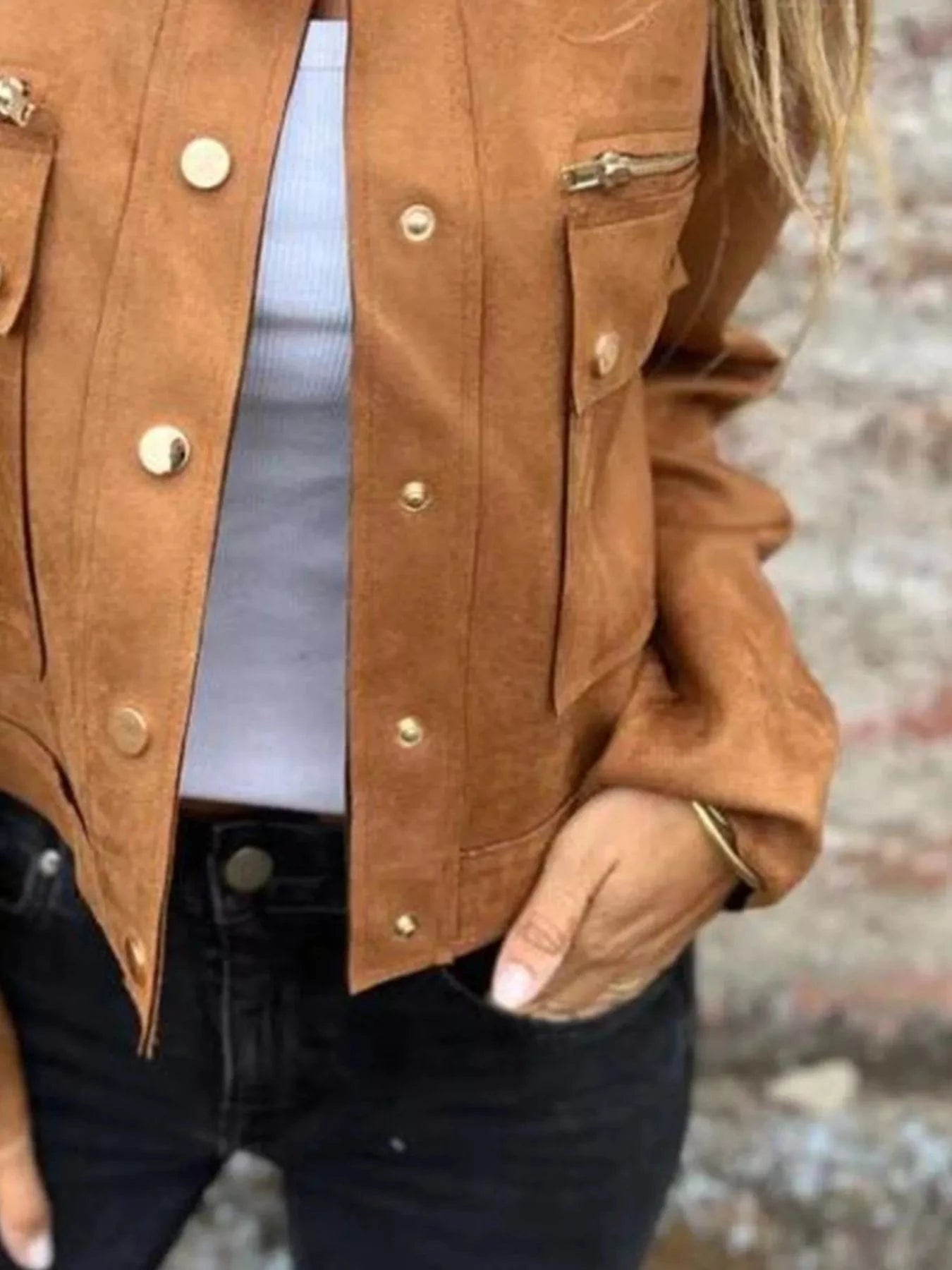 Women's structured button jacket tailored silhouette waist-enhancing minimalist design for work