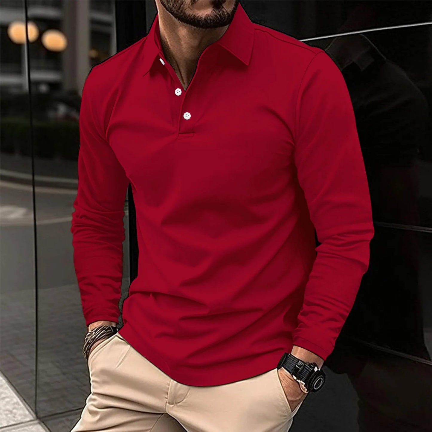 Men's navy long sleeve polo tailored fit classic collar modern professional everyday wear