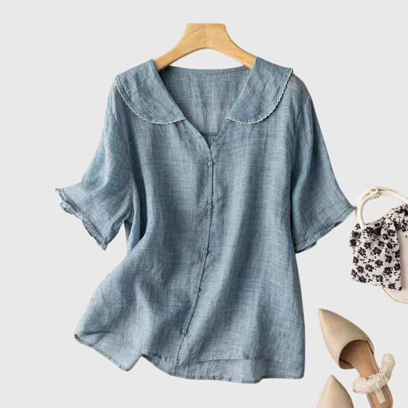 Charlotte women's white button-down collared blouse sleek tailored silhouette with structured placket