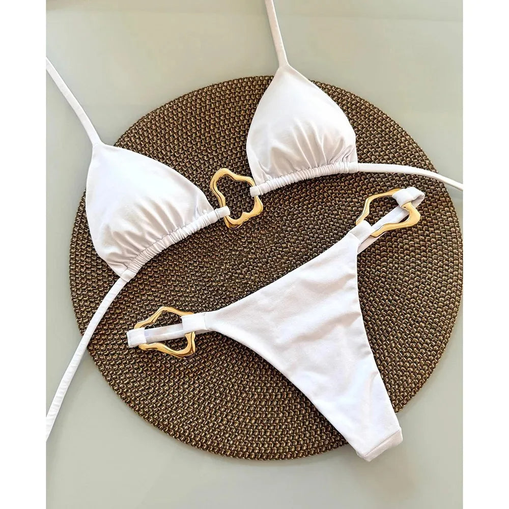 Women's gold ring accent triangle bikini set, high-cut minimalist swimwear with adjustable ties