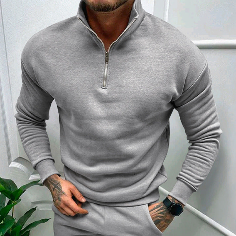 Men's half-zip stand collar sweater in neutral cotton blend, smart casual slim fit for office wear