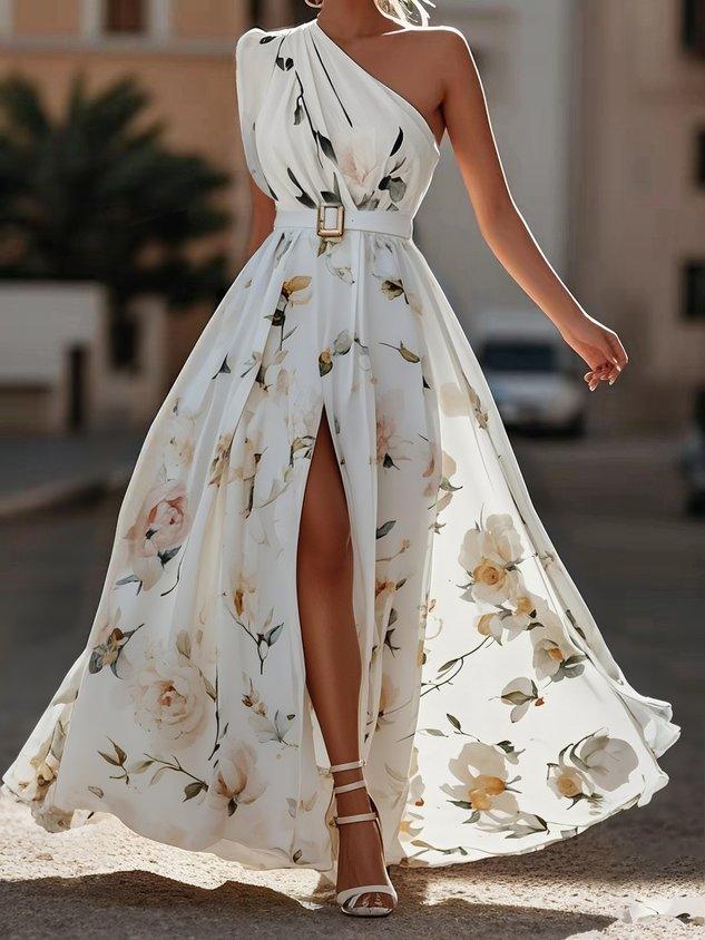 Light green floral chiffon maxi dress with ruched one-shoulder neckline, elegant A-line silhouette