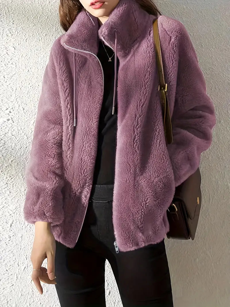 Women's oversized fleece jacket beige high collar zip casual cozy lightweight everyday comfort