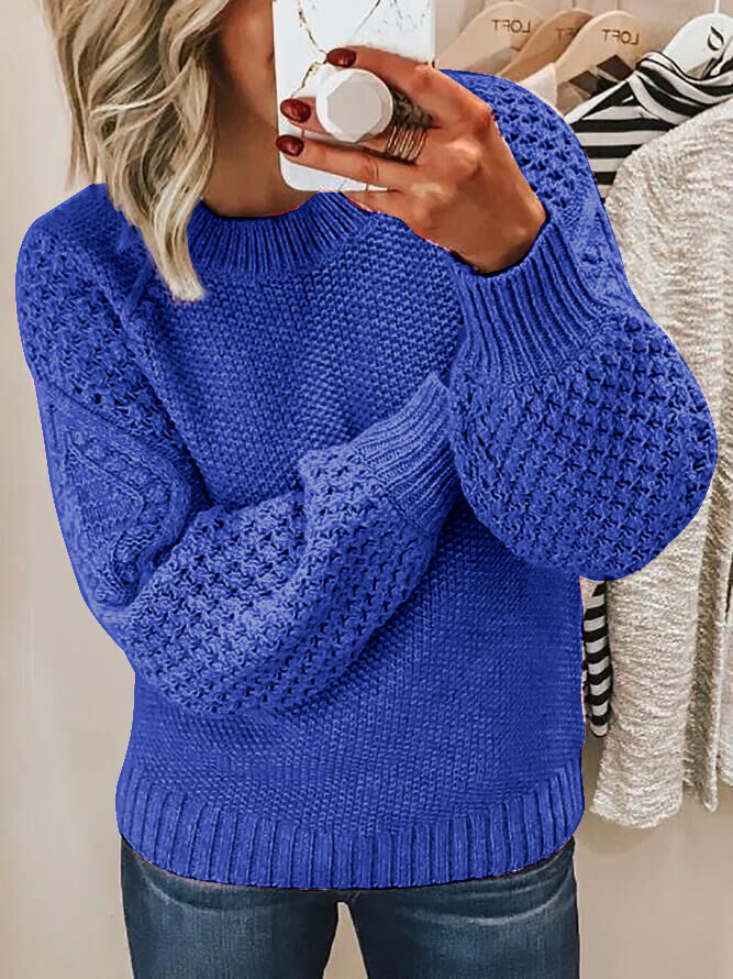 Women's loose jacquard knit crew neck sweater in cozy thick knit for casual fall winter style