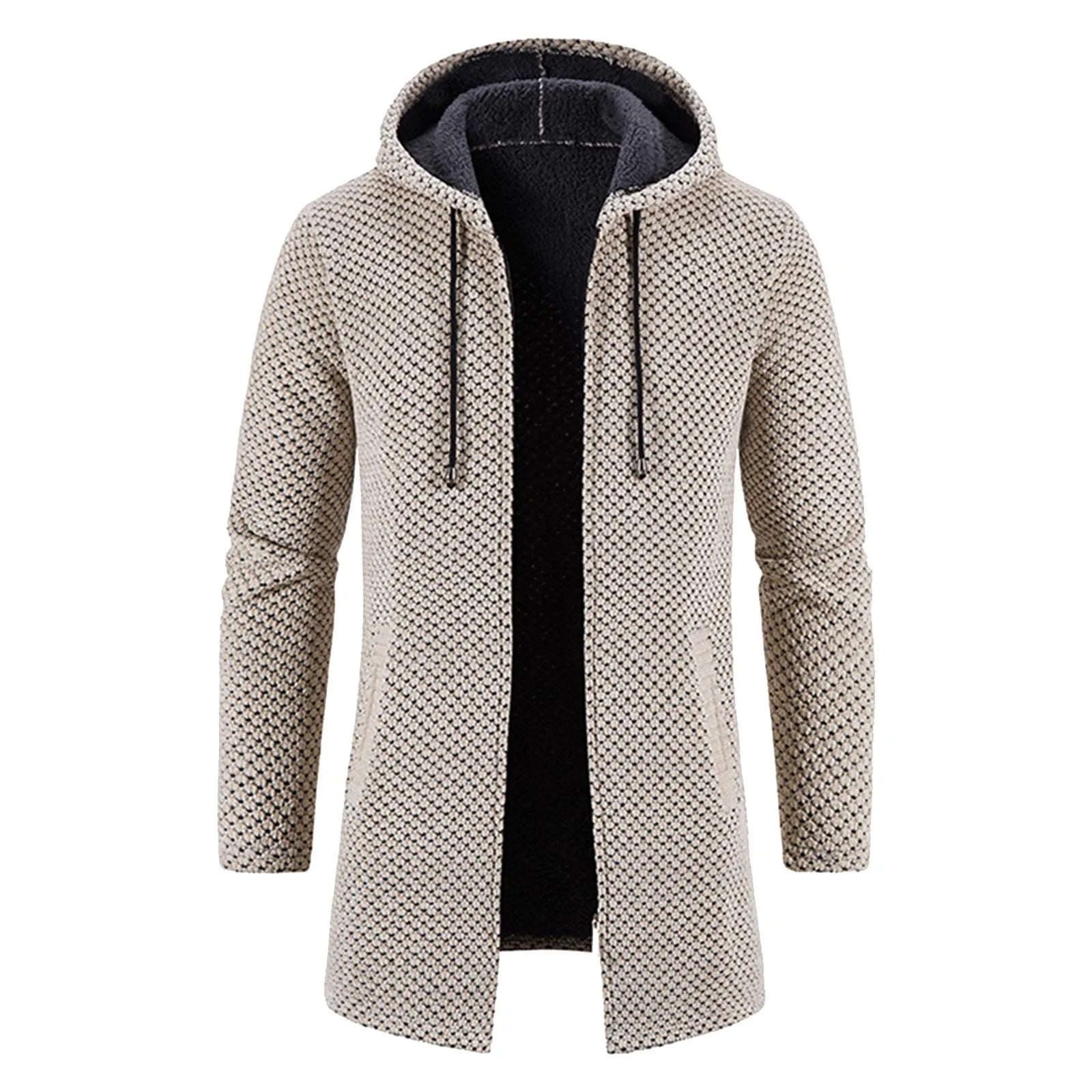 Men's long hooded knit jacket loose fit urban casual style warm soft texture city wear