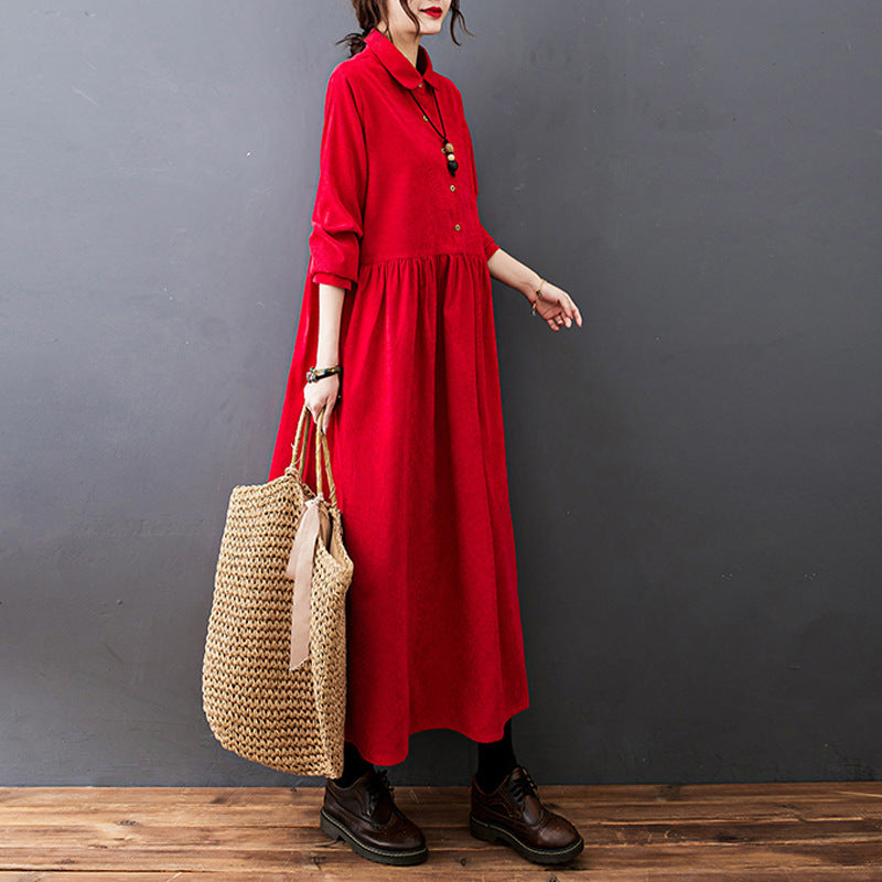 Women's corduroy maxi dress with shirt collar, button placket, loose elegant silhouette