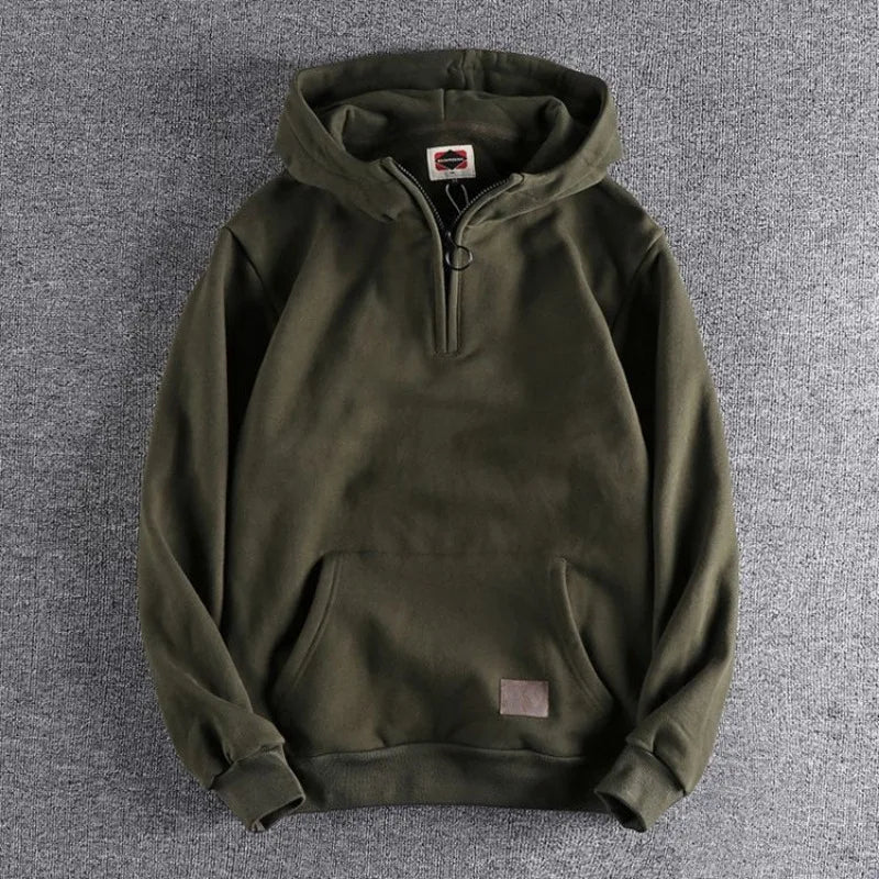 Men's navy quarter-zip hoodie relaxed fit 100% thick cotton knit for outdoor casual wear