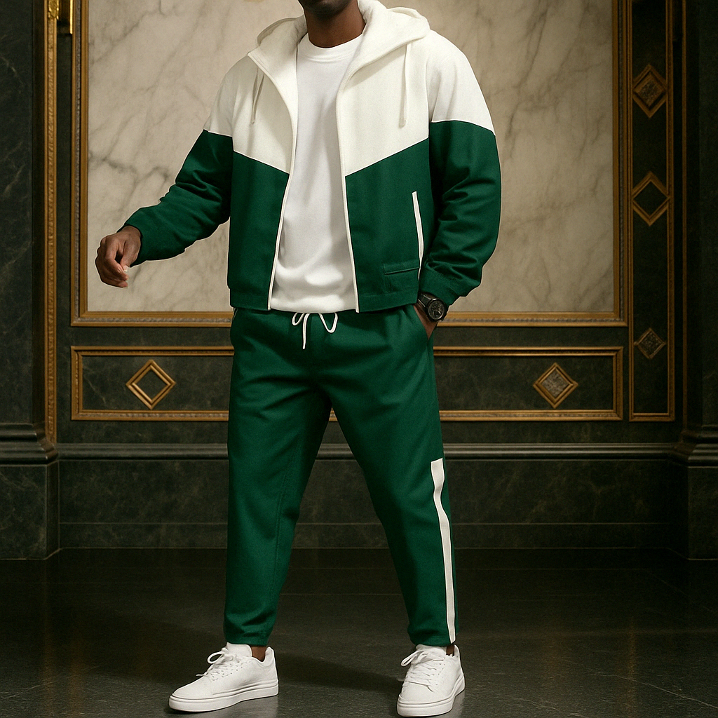 Dual-tone color-block tracksuit bold high-contrast panels soft-stretch fabric athletic streetwear style