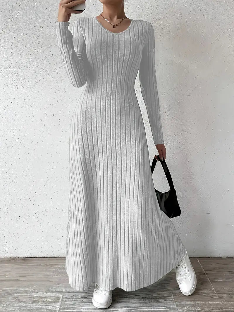 Women's ribbed long sleeve maxi dress in neutral tone, tailored fit with flattering silhouette