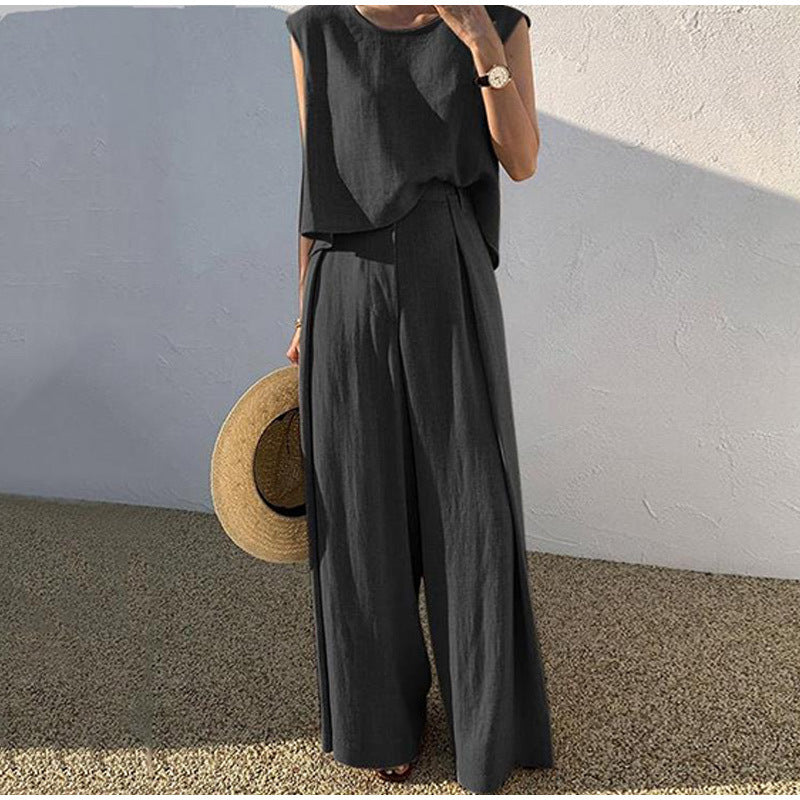 Women elegant two-piece summer set wide leg pants round neck top relaxed breathable fit