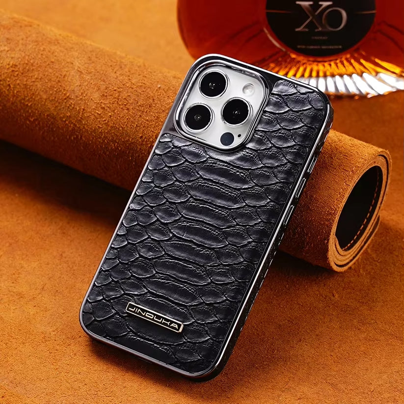 Python textured iPhone case gold alloy frame snake-scale pattern luxury fashion accessory