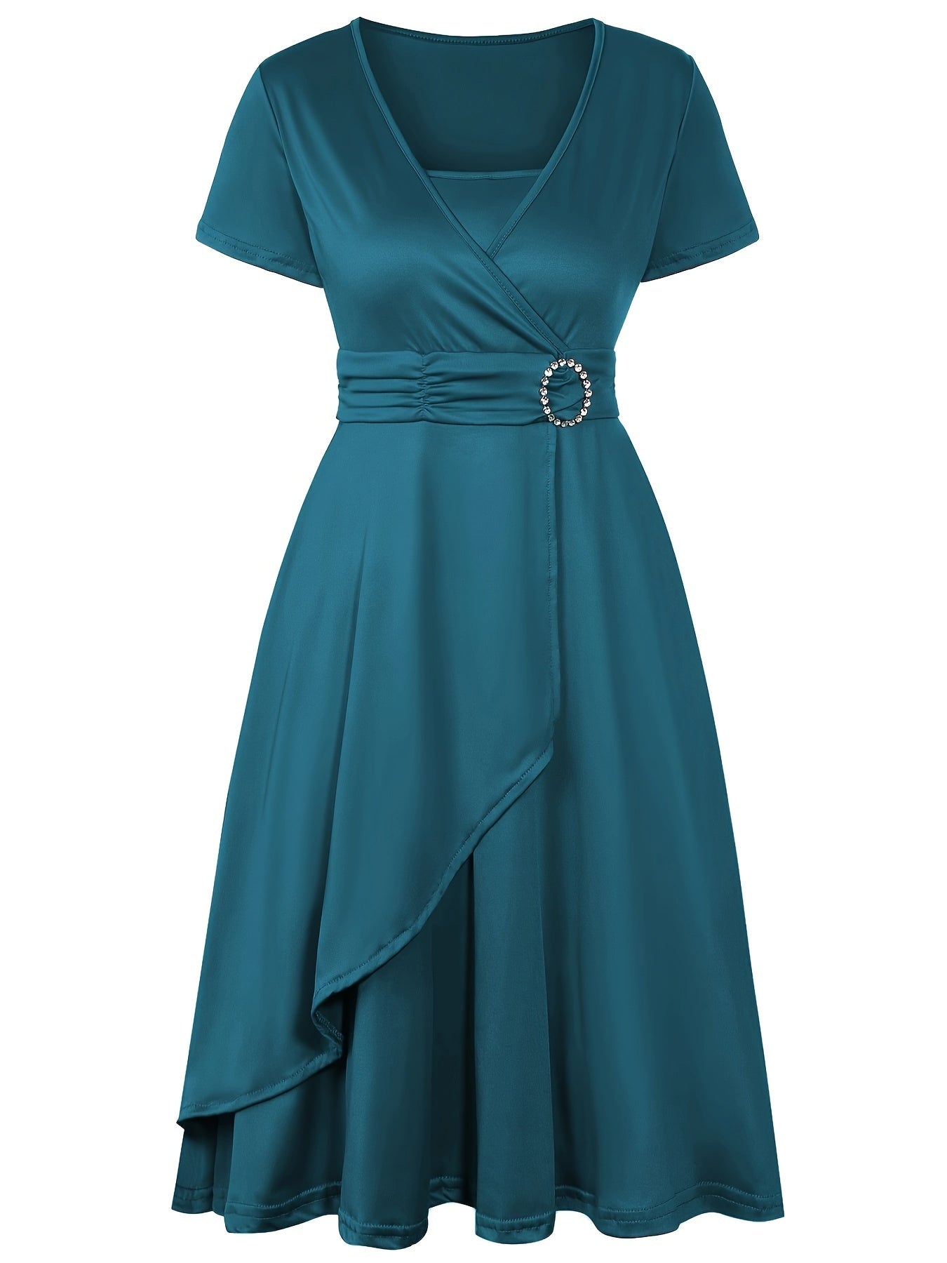 Women's wrap dress V-neck short sleeves elegant waist detail flattering day-to-night silhouette
