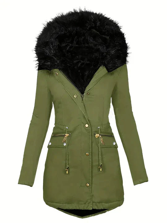 Ruby red women's faux fur hooded parka with adjustable drawstring fit for cozy winter warmth