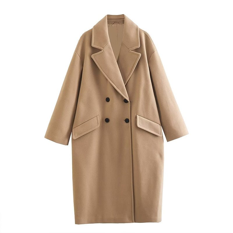 Women's long double-breasted coat tailored straight silhouette minimalist urban chic city professional style