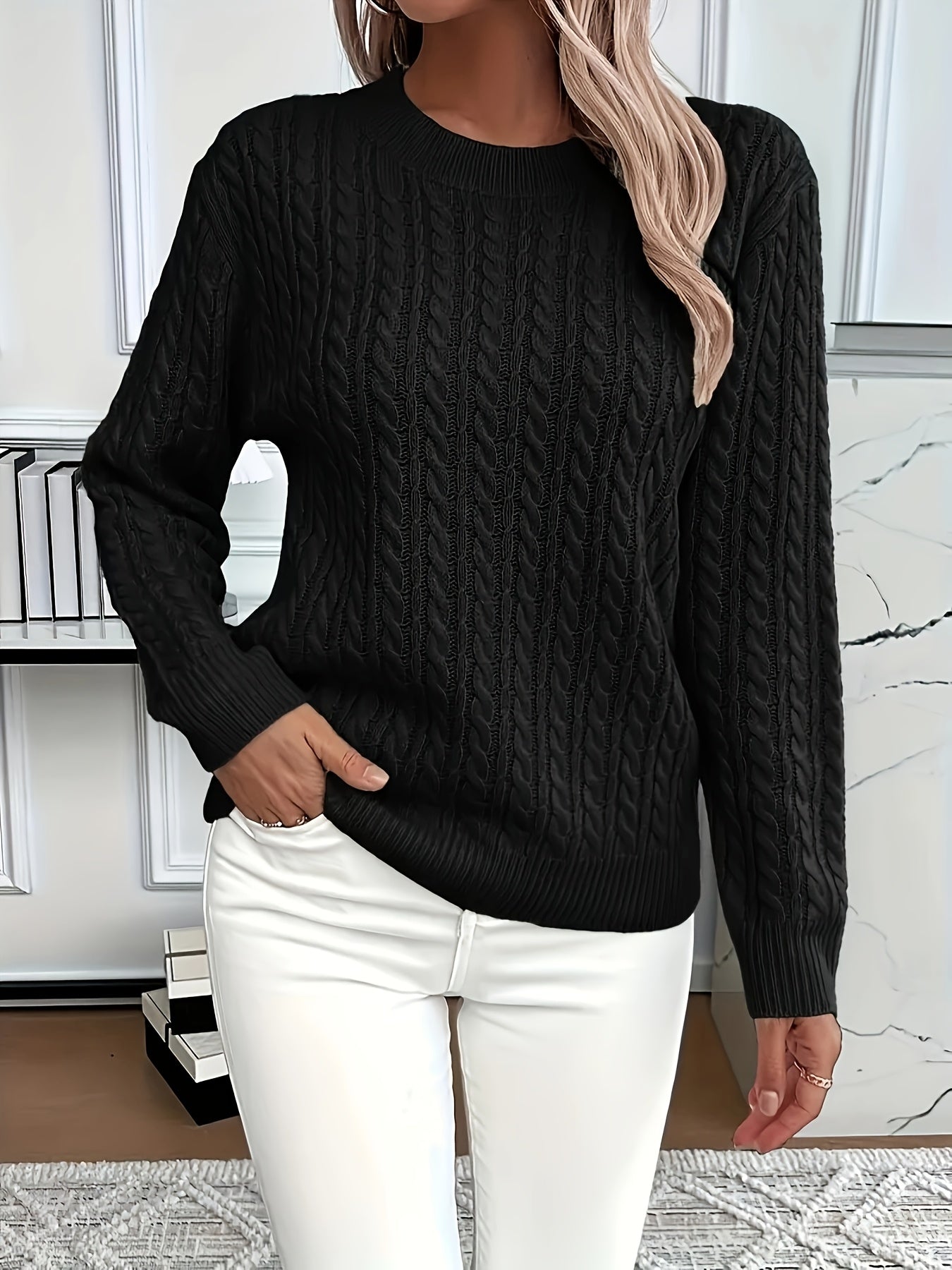 Women's cream cable knit sweater, cozy round neckline, long sleeves, twisted texture midseason knitwear